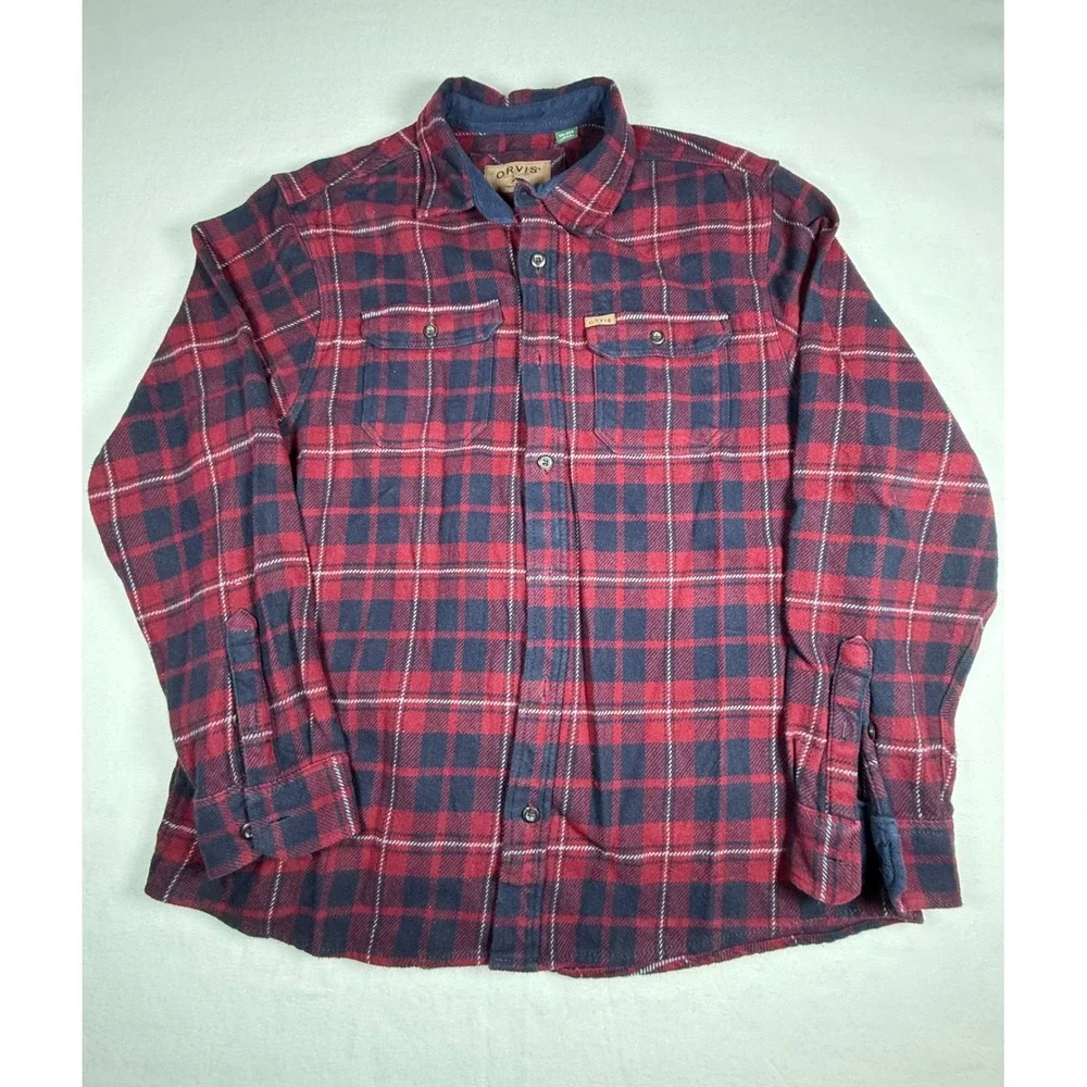 Orvis XXL Heavy Flannel Coat Shirt Red Blue Plaid Long Sleeve‎ Button  Pockets